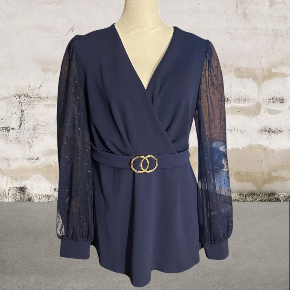 VENUS Women's Navy Sheer Sleeve Wrap Front Blouse Size Large